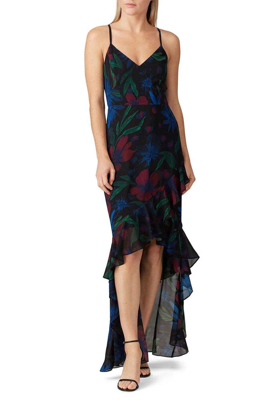Badgley Mischka Black Floral Ruffled High Low Cocktail Dress Size 10